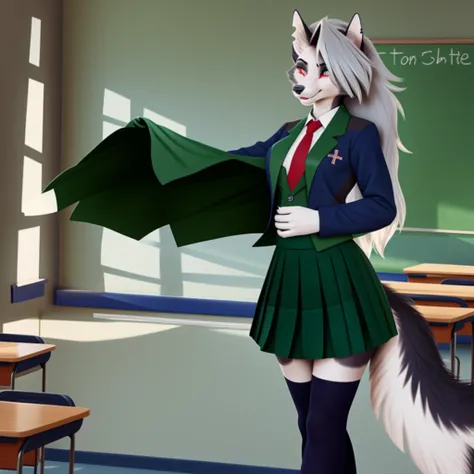 masterpiece, best quality, 1girl, solo, Loona Hellhound, cross-shaped pupils, school uniform, green tie, blazer, pleated skirt, green cape, standing. 