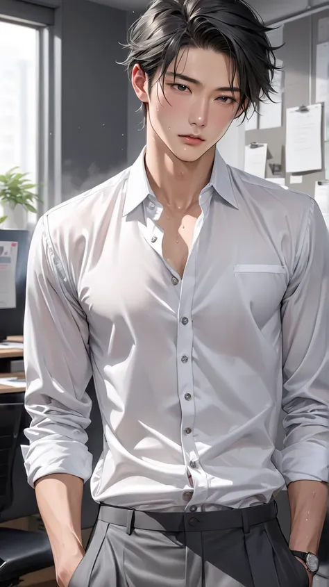  (photorealism:1.2), Handsome japanese man, 22-27 year-old, Model,    wear a tailored shiny white formal shirt, Top button down loose ,  fitted charcoal grey trousers , Sweat, Unbutton your shirt, background is office