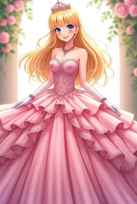 Anime style 
Woman
 
Yellow hair 
Long hair 
Fringe hair
Blue eyes
White tank top
Pink dress
Long dress
Dress quinceanera
Quinceañera 
Tiara
White gloves