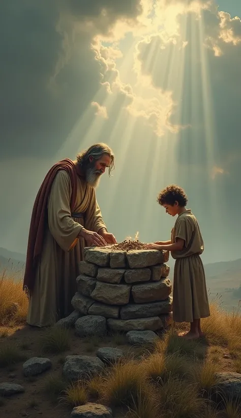 Preparing the altar : " Abraham building a stone altar on top of a hill.  Young Isaac is placing wood on top of the altar . In the background,  a dramatic sky ,  with rays of light passing through the clouds."