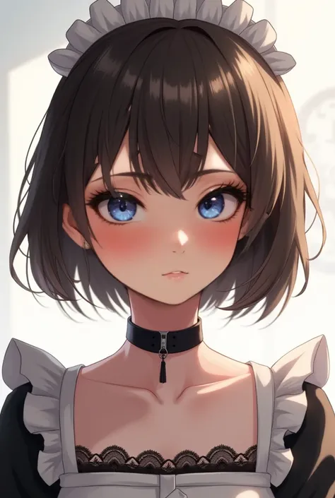  Watch 1 female ,   cute  , chaste, sweetish,   high resolution, masterpiece, 8k, maid,  black leather choker with a small ring that is shedding tears ,  short brown hair to avoid eyes , High definition, Anime feeling,  standing upright , chaste,   blushin...