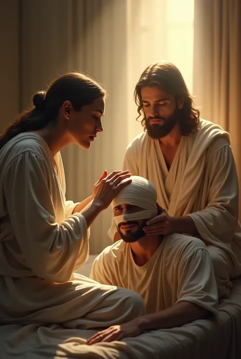 Person places their hands on the head of another person who has bandages over their injured head who is sitting in bed , a very bright zenith light shines on the person who is praying to God  ,  Behind the person who prays is Jesus alive resurrected seeing...