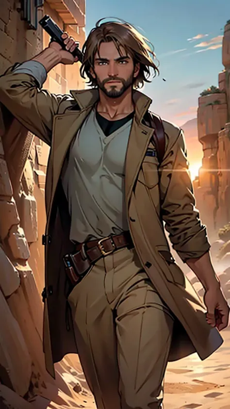   Indiana Jones , desert, Open space 々A space with, sunset, long brown coat,  brown hair,  Short Hair ,  Brown Eyes , Holding a whip,  has a gun ,  beard ,  confident pose ,   beautiful, detailed eyes ,  captivating gaze ,  bright color ,  skillfully execu...