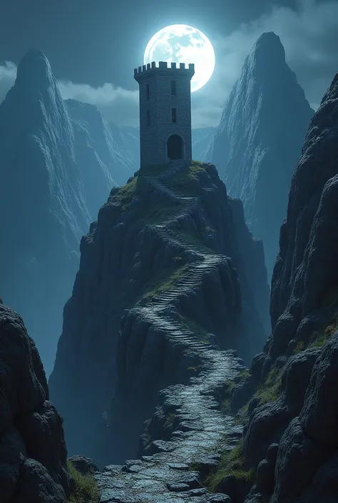 Medieval tower on top of a rocky peak, a narrow and steep path, moon high against the background, rocky landscape.