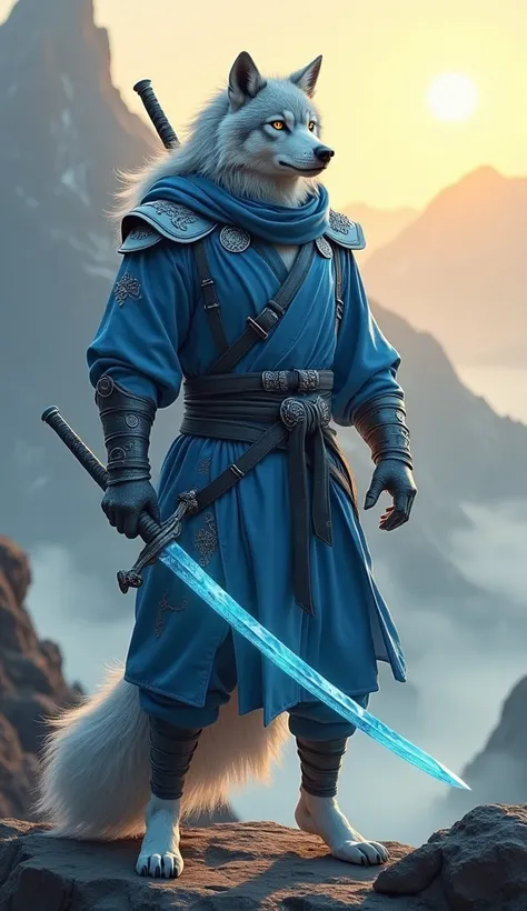 A majestic anthropomorphic wolf warrior wearing a radiant blue ninja outfit, holding an icy sword, standing confidently.
.The backdrop features misty mountains bathed in golden sunlight, creating a peaceful yet dramatic atmosphere that highlights the bond ...