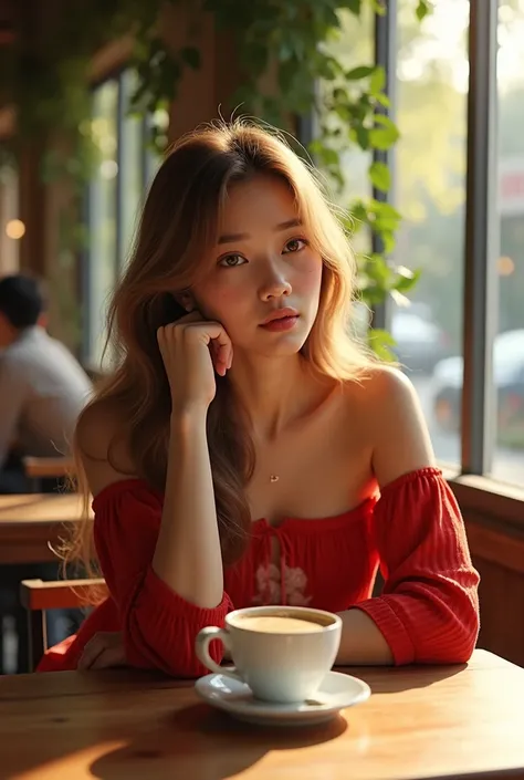 In a warm and bright coffee shop filled with the aroma of freshly brewed coffee, a young Thai woman with bright brown eyes and long blond hair sits at a rustic wooden table. She wears an off-the-shoulder red top that perfectly complements her caramel skin....