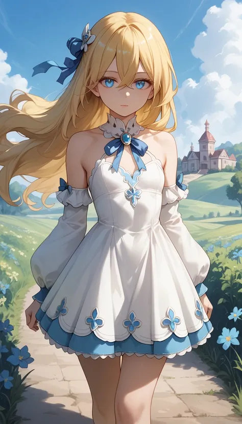 (masterpiece, best quality, 8k, ultra high quality:1.2), 1girl, solo, light yellow hair, long hair, hair between eyes, dress, short dress, white dress, separate sleeves, ribbon, blue ribbon, small breasts, looking at viewer, azure blue eyes, princess, walk...