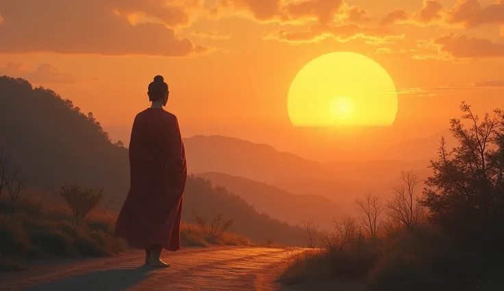 Scene 30: A closing scene with Buddha walking away peacefully, the sun setting in the background, symbolizing hope.