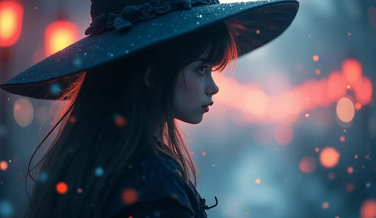 high quality, 8K Ultra HD, beautiful double exposure, in which the silhouette of a witch girl from the anime style Wandering Witch: The Journey of Elaina is combined with a bokeh effect applied and various colored lights are blurred through the bokeh effec...