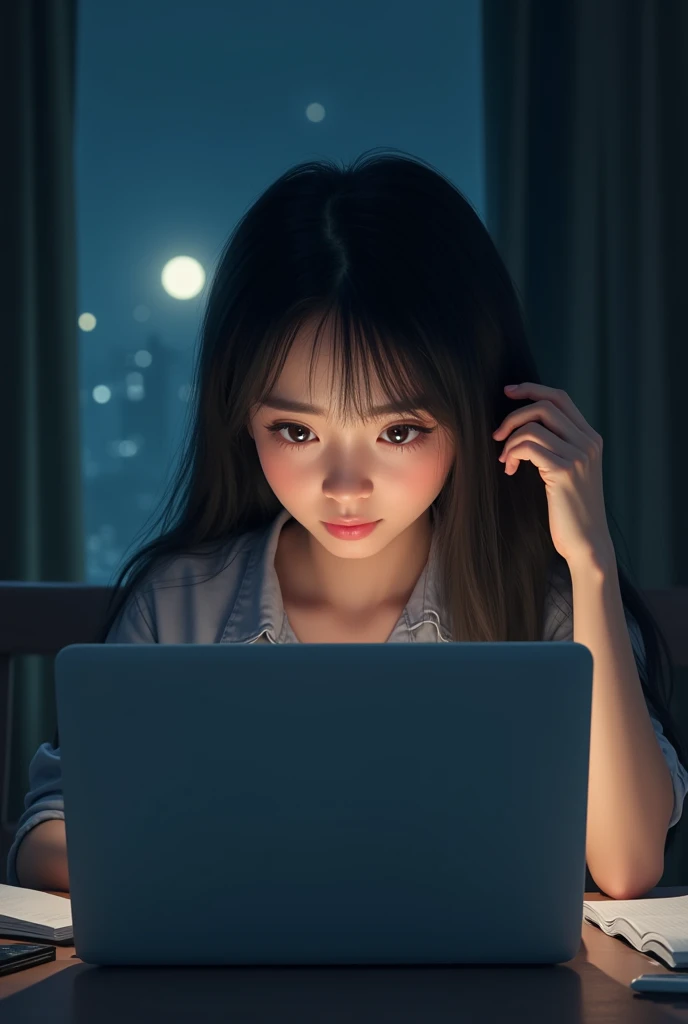 Asian girl doing homework using laptop in a middle of night  while scratching her head