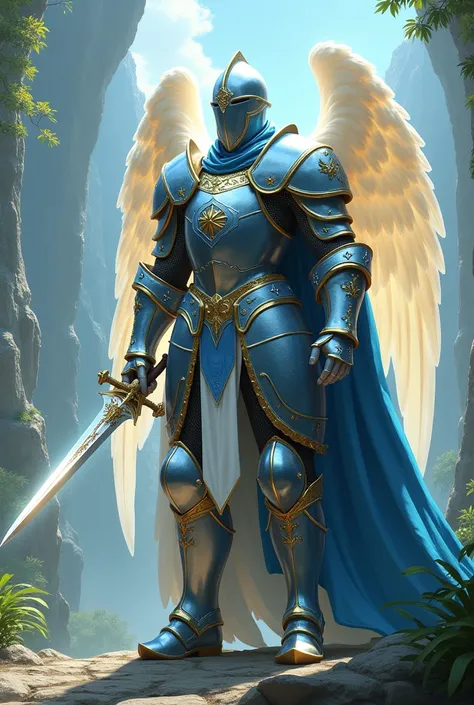 a brave angelic knight,with a cyan and white armor and a mythic sword in his hands,a paradise background and a typic knight helmet 