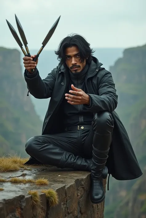 24-year-old guy  (without a beard, without a mustache) with dark skin, , shoulder length black hair and a shaggy neck . sits on a cliff with a smirk . Throws throwing knives into the air.  Dressed in a black mechanical jumpsuit and a black raincoat