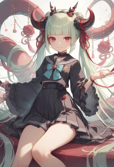 masterpiece,best quality,ultra detailed, japanese anime style illustration,
1 loli girl with Oriental-Dragon-horns, light green hair, very long twintail, very voluminous hair, (((blunt bangs))), gothic rose lace school sailor uniform, little smile, thank y...