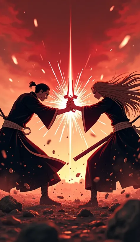 A dynamic low angle shot of an intense battle scene from "Bleach: Thousand-Year Blood War," featuring two warriors locked in combat, their Zanpakuto blades clashing with bursts of energy sparking dramatically. The environment is a shattered battlefield und...