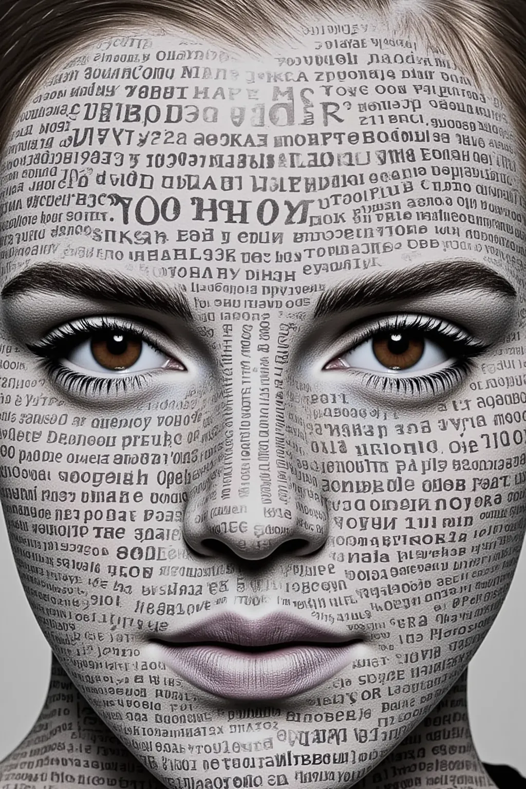 hyperrealistic painting of a emma watson's head made entirely of clearly legible alphabetic letters forming words and sentences....