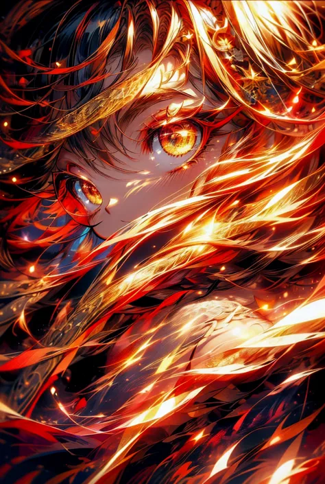 a fiery dancer whose every movement is accompanied by flickering flames, captivating those who watch her. her hair is a brillian...