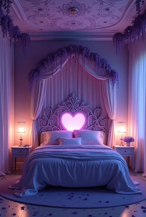 "Create a whimsical and romantic bedroom setting bathed in shades of deep purple and blue. Center the composition on a grand canopy bed with flowing curtains and ornate wrought-iron detailing, featuring a glowing, heart-shaped design in the headboard. Surr...