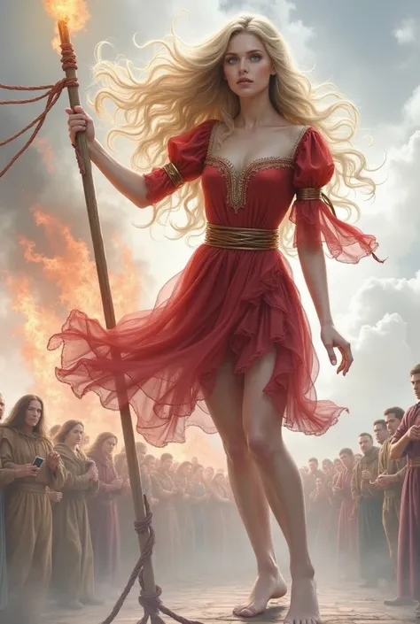  Beautiful,, an exquisite drawing in the style of a realistic 00x .inquisition,  an incredibly beautiful young blonde bitch with long golden hair,long bangs, with blue eyes , dressed in a royal scarlet dress  ,there is a huge flame around ,  she is standin...