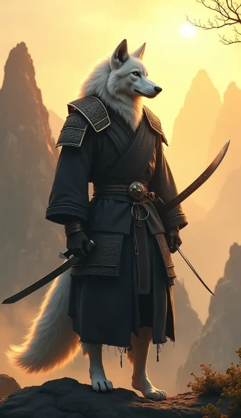 A majestic anthropomorphic white wolf warrior wearing black samurai clothing, holding a cold sword, standing confidently.
.The backdrop features misty mountains bathed in golden sunlight, creating a peaceful yet dramatic atmosphere that highlights the bond...