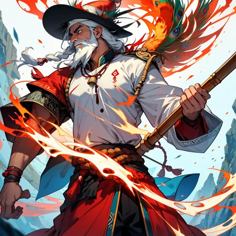 male shaman, strong, with white full beard white with a fire aura energy, wearing a bamboo hat, with a fire red peacock white  as a pet using a staff as an weapon, with clothes, whit a shirt