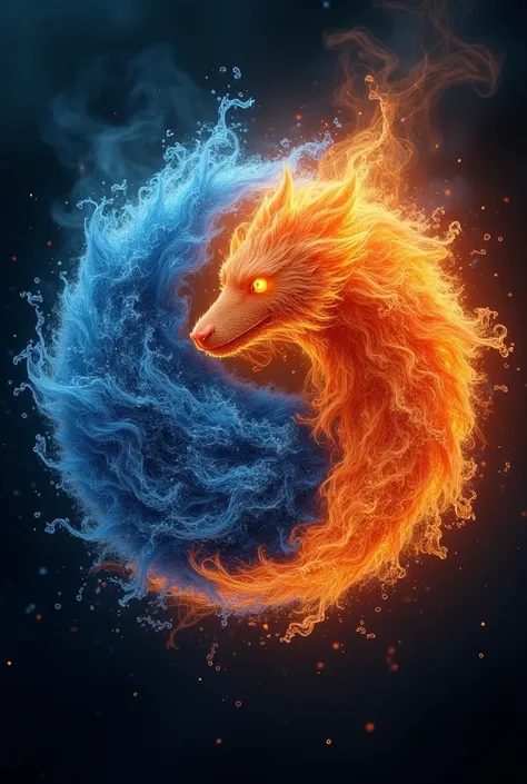 ( Top Quality,4K,8k, high resolution,masterpiece:1.2), Ultra High Definition,(Actual,Realistically,realisticlying:1.37), 2개의 fire타오르는 용,   symbol of yin and yang , 오렌지색 fire/ blue duality ,  water과 fire의 흐르는 기운 , fire과 ,  fire, water , 푸른 fire꽃,