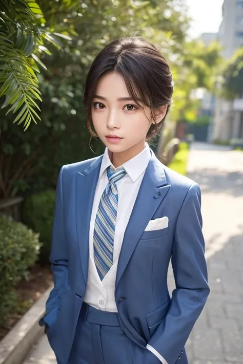 cute、 chugakusei , 12age,
 with impressive sharpness and glamor 、 Slender Eyes、Strong eyesight、 slightly cool impression
They have high cheekbones and a firm skeleton、Eyebrows are a little thick、boyish hairstyle 、navy blazer, long pants, necktie,
 have hea...