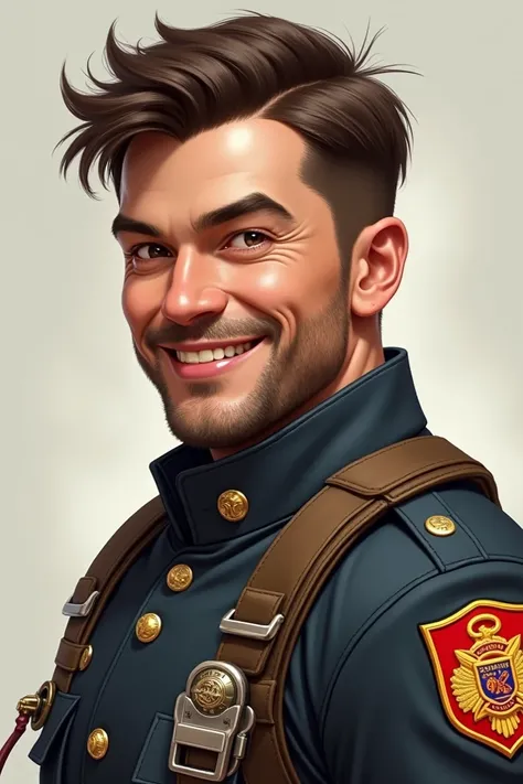  doll of a short brown man ,  black hair , olhar strong com olhos um pouco puxados,  beautiful white smile , a small , strong/ muscular tuft and Military Firefighter  