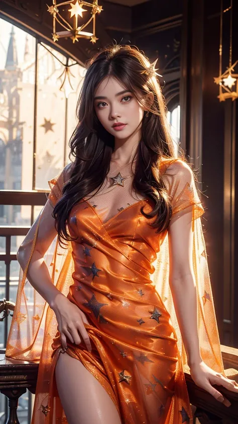 8K, UHD, masterpiece, 1 girl, godd face, sharp eyes, detailed eyelid, very long hair, silky hair, small beasts, (((star print dress)), ((mesh star clothing)), orange clothing, lacing, dual cape, ((bare hip)), detailed torn clothing, in the balcony, spot li...