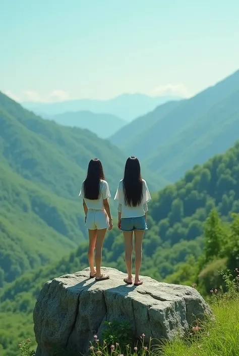 Two woman looking on hill rock standing green screen  8k HD 