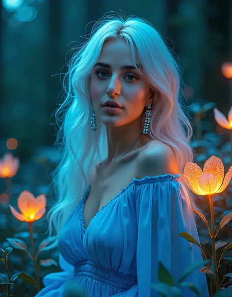 A  woman with cyan hair and blue dress posing in the woods, Beautiful realistic girl with BRIGHT WHITE-TURQUOISE long hair.. ,Close-up of clean skin with detailed skin ,full length,in a short miniskirt,on an orange background ,Against the background of the...