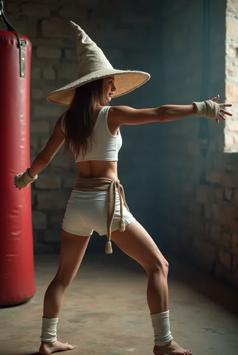  a medieval female magician ,  with a white gym top, short preto, wizard hat, mma gloves, white bands on her feet ,  training krav maga at a medieval gym in front of a punching bag.  Dungeons and Dragons style . 8k, realistic.