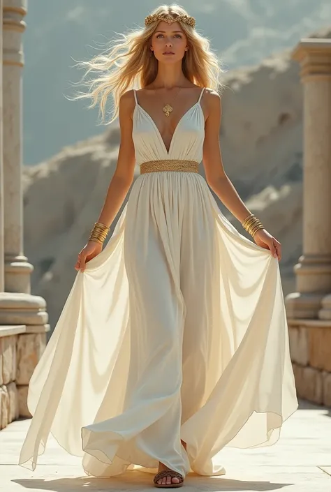  A full-body image of a blond woman with pale skin , wearing a long white dress made of wool and without a belt, ancient Greek style .  With gold accessories and a tiara .  Wearing a braided sandal .