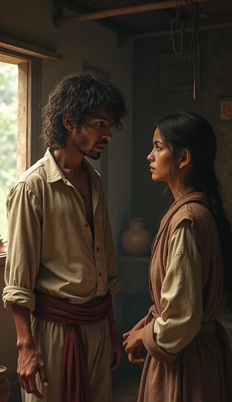 Hd, realistically "A Poor servant man talking with her wife,village house, wearing  old dress , long curly hair, indoors, soft lighting, water pot in background, sunlight, tension pose, realistic, , warm colors," 