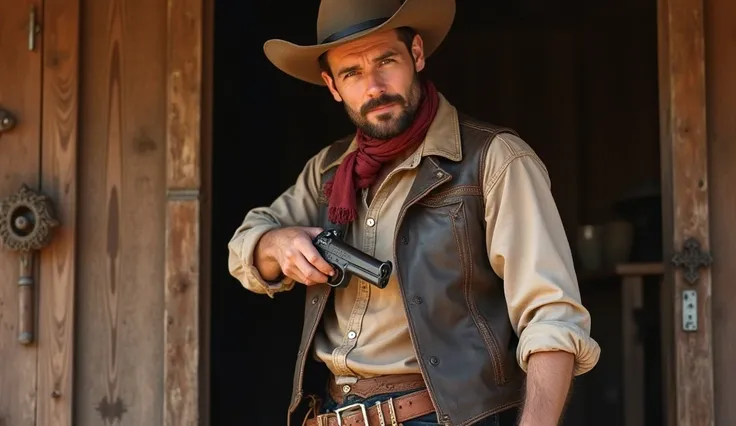 30 year old man wearing a cowboy costume and the hat, his arm is ready to pull his guns from the holster on his hip, hes in a cowboy town and in fornt of a saloon wood door, he wear a leather vest with a sherift star