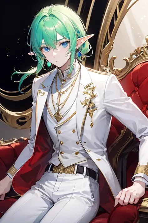 A young elf man, mint-haired, blue-eyed, white-skinned, wearing a white suit consisting of red and gold jewelry.