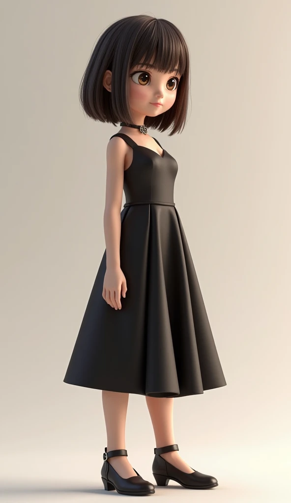 masterpiece,  better quality ,  3D rendering work , 3dmm style, 3D, 1 girl, Alone,  big eyes,  dark brown hair , grab, negro, jewelry,  medium size hair, long bob hair , looking to the side, realistic,  full body ,  simple light background ,  Looking into ...