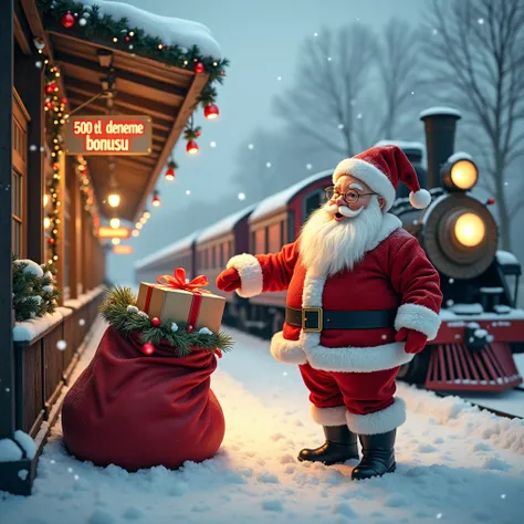 Create an image of Santa Claus at a snow-covered train station, with snow falling around him. Santa is pulling a gift from his red bag, and the gift should be clearly labeled with the text 500 TL DENEME BONUSU in bold, visible letters. The station is decor...