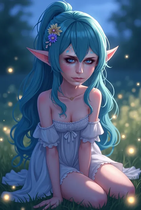  anime style,Adult woman anime, with long blue-green hair and with tufts in front, Elf ears, with bright purple eyes,In a meadow at night with fireflies ,