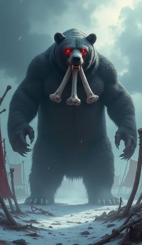 A powerful, dark-furred bear with glowing red eyes and three rib bones clenched between its sharp teeth. It stands on a snow-covered battlefield, surrounded by broken weapons and fallen banners, symbolizing conquest and destruction. The sky is ominous, wit...