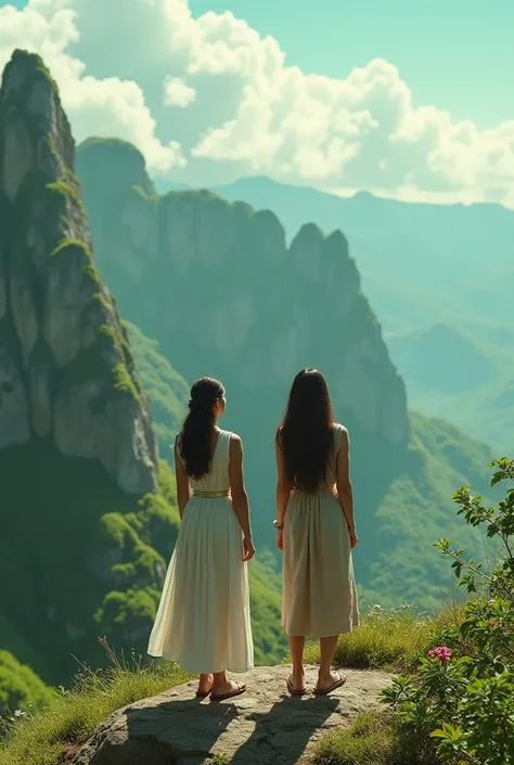 Two woman looking on hill rock standing 
full  green screen  8k HD 