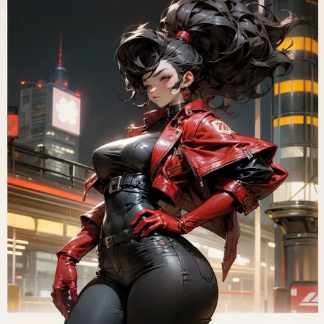 woman、 is anatomically correct、Pompadour、 Very Big Breasts 、Very big ass、 black hair、red leather jacket 、Black skinny jeans、Red leather boots、Night City、