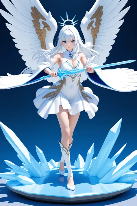 1 woman, blue eye, white hair, long hair , beautiful skin,  wearing a white phoenix costume , white dress , holding sword, ice sword, 3D rendering, action pose , Blue background , effect water blue around her