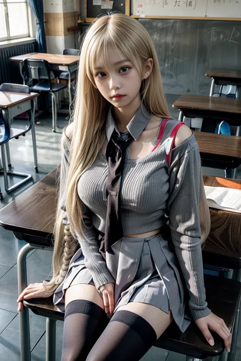 japanese、model、big breasts、blonde、 long hair、 school uniform、tights、 shows shoulders、 cleavage visible、 belly button visible 、cl...