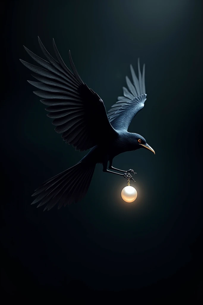 magpie carrying a pearl art With a dark black background flying 