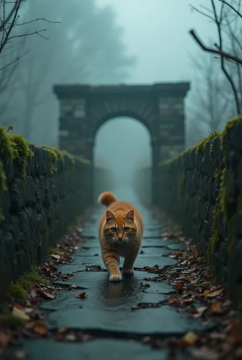 An old, crumbling stone bridge shrouded in deep fog, with a frightened orange cat cautiously crossing it. The atmosphere is eerie and mysterious, capturing the essence of fear and uncertainty. The bridge is weathered, with moss and cracks, surrounded by a ...