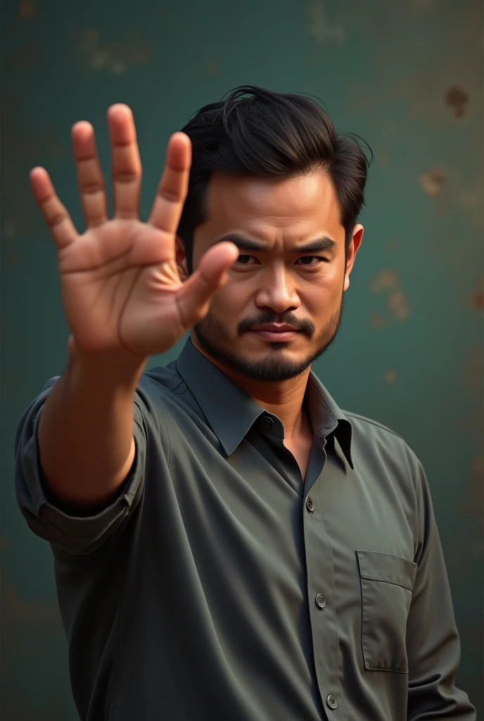 Indonesian man refuse. Showing palm 5 finger. Look away face