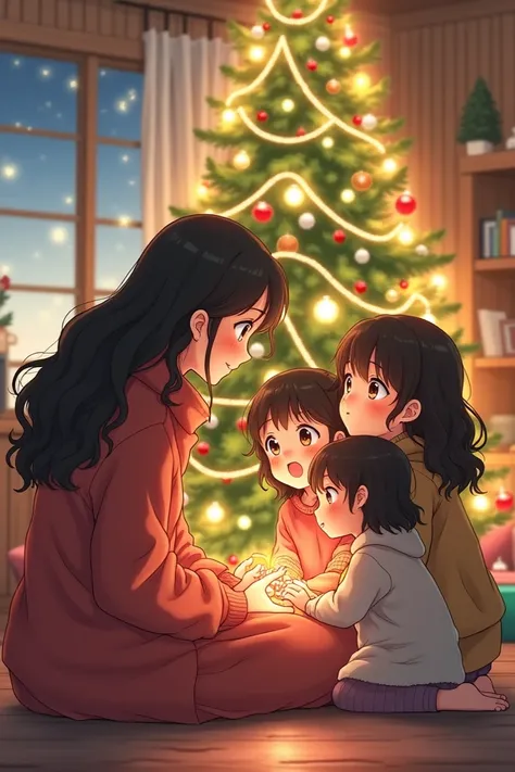 Anime of mom little daughter curly hair two big daughters wavy hair Christmas tree