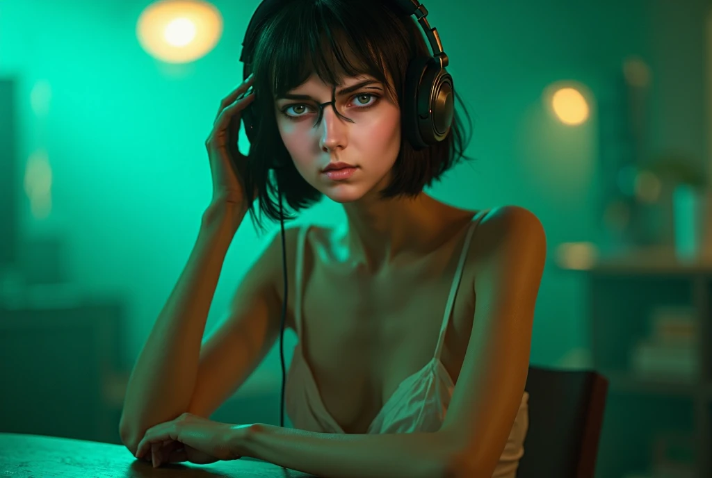 1 girl, beautiful girl, girl with glasses, pale skin, slim figure, big breasts, long eyelashes, elegant pose, high quality, 8k, ultra-detailed, photorealistic, green colors, dynamic lighting, cinematic, artistic style, fantasy, short bob hair, sitting at a...