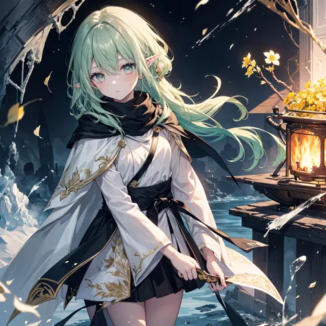      High Quality , masterpiece,   delicate hair  ,   Delicate Eyes  ,   delicate hair  , ((masterpiece, 最     High Quality )),      High Quality , masterpiece,   delicate hair  ,   girl  ,( Light green hair)),((gold eyes)), Daikon,Long Hair,Elf Ears,(torn...