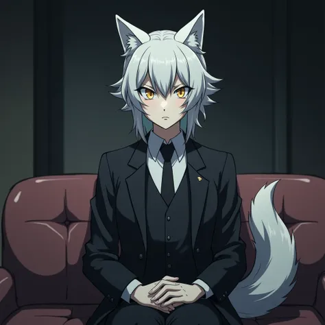  Japanese cartoon movie , Anti-Humanity, wolf, Golden eyes,  white skin , wolf 귀, 은색 wolf 꼬리,  suit, Sitting on the sofa, 25 years